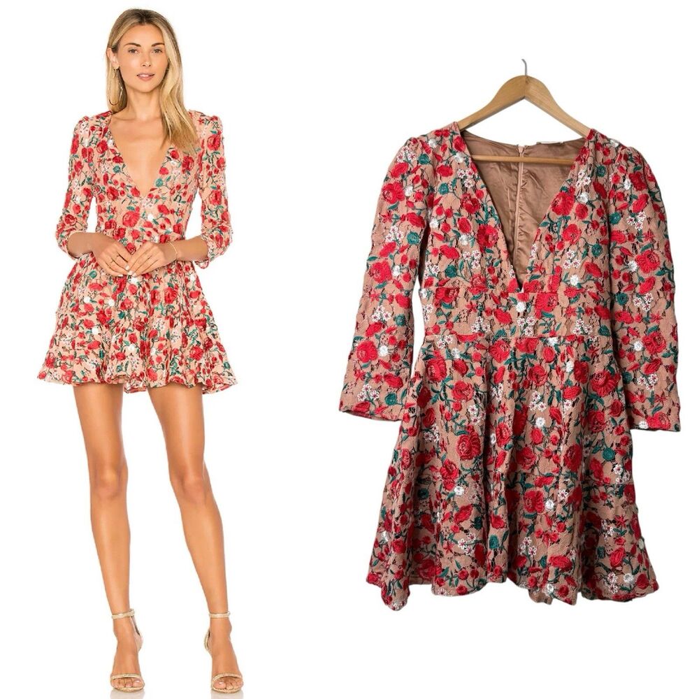 Lovers and Friends Vira Embroidered Lace Mini Dress Sz M Dark Nude Roses Plunge